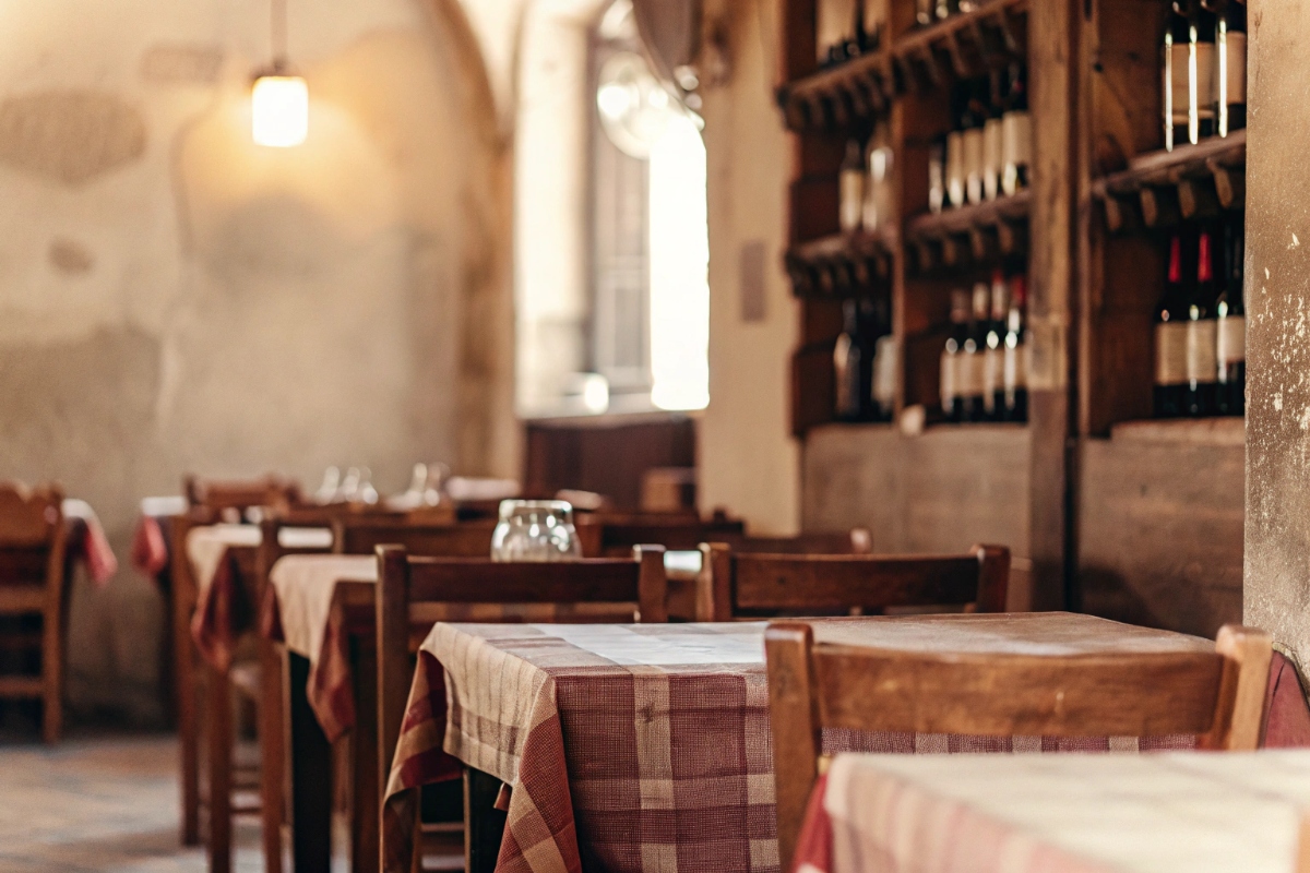 Interno di trattoria italiana tradizionale, atmosfera accogliente